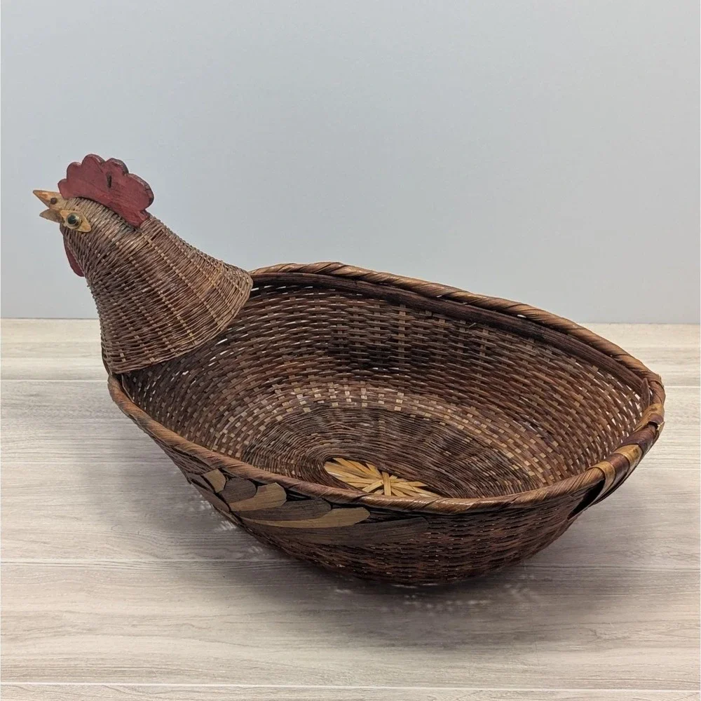Vintage Rooster Chicken Wicker Basket Hand Woven Centerpiece 15